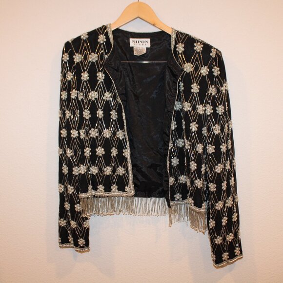 Vintage Nipon Night size large black and silver beaded fringe short jacket - Picture 1 of 9